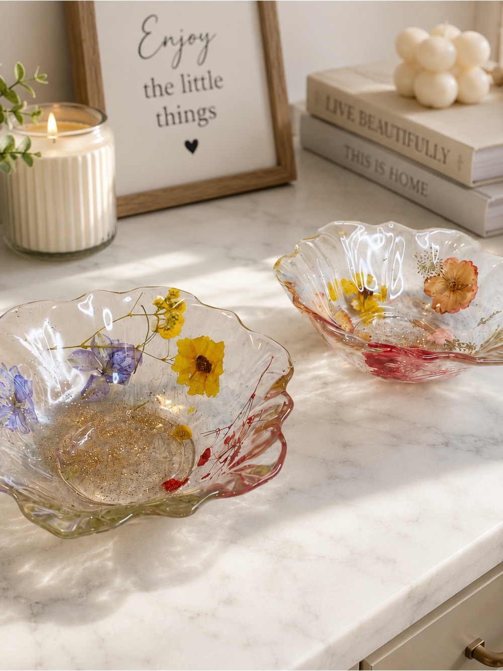 Handmade Clear Resin Floral Decorative Bowl - Multicolor